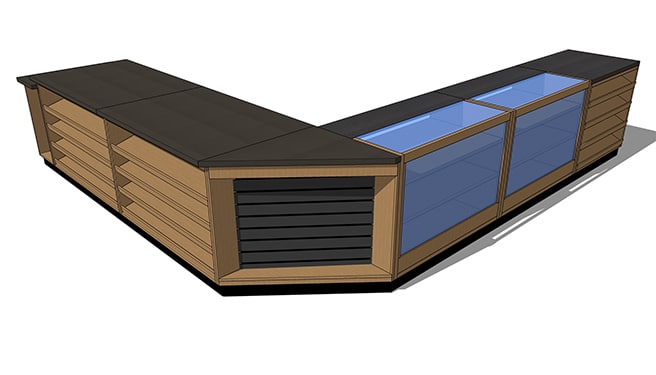 DisplayMax 3D design of a retail counter configuration with detailed top view, with glass display cases and fixture installation.