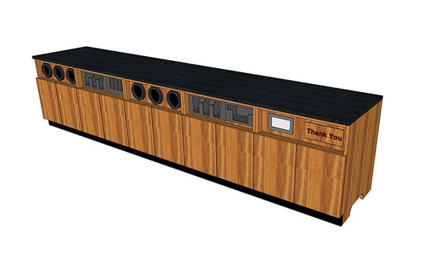 DisplayMax 3D design of a straight shaped retail counter featuring integrated cup holders, condiment stations, trash and napkin dispensers, storage cabinets, and sink