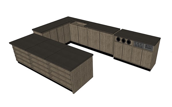 DisplayMax 3D design of an -shaped retail counter featuring integrated cup holders, condiment stations, trash and napkin dispensers, storage cabinets, and sink