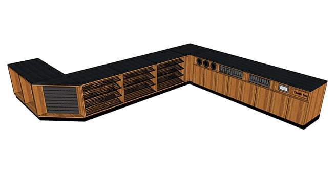 DisplayMax 3D design of a S-shaped retail counter featuring integrated cup holders, condiment stations, trash and napkin dispensers, storage cabinets.