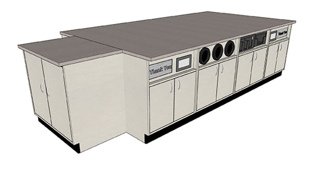 DisplayMax 3D design of a straight retail counter featuring integrated cup holders, condiment stations, trash and napkin dispensers, storage cabinets.