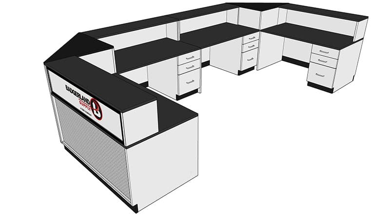 DisplayMax 3D design of a retail transactional counter configuration with detailed top view layout for custom store fixture installation.