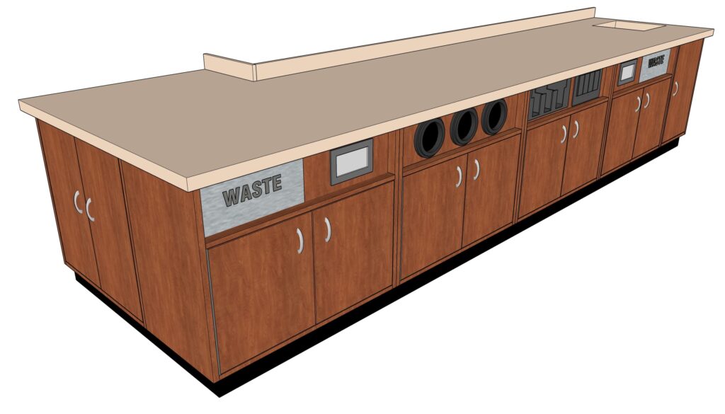 DisplayMax 3D design of straight retail counter featuring integrated cup holders, condiment stations, trash and napkin dispensers, storage cabinets, and sink.