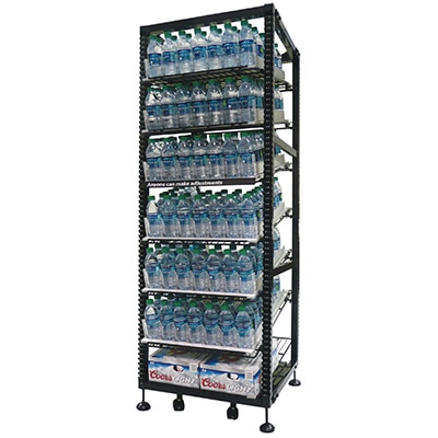DisplayMax- Walk-in cooler shelve stacked with water bottles installed by DisplayMax team