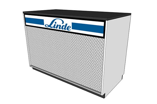 A retail counter with black countertop, designed by DisplayMax.