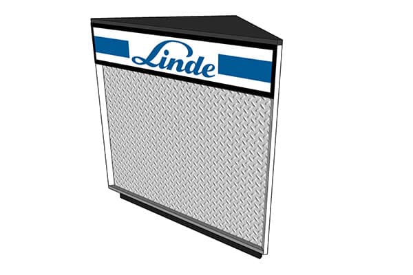 A corner retail counter with black countertop, designed by DisplayMax.