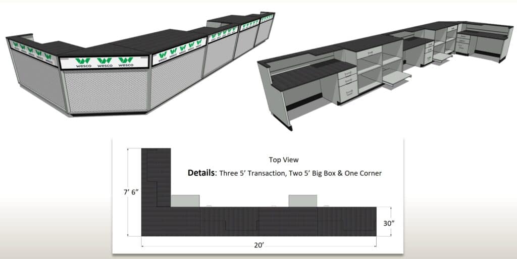 DisplayMax 3D design of a L shape Wesco retail counter configuration with detailed top view layout for custom store fixture installation.