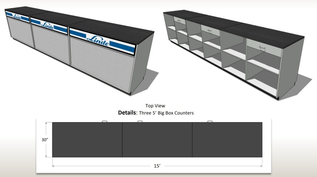 DisplayMax 3D design of a straight Linde retail counter configuration with detailed top view layout for custom store fixture installation.