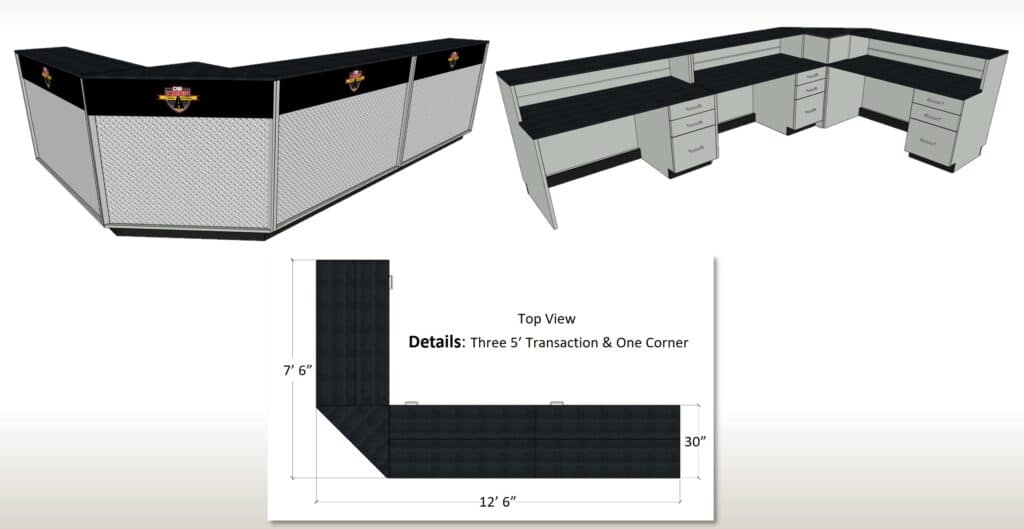 DisplayMax 3D design of a L shape Praxair retail counter configuration with storage options and detailed top view layout for custom store fixture installation.