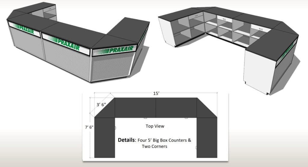 DisplayMax 3D design of a U shape Praxair retail counter configuration with detailed top view layout for custom store fixture installation.