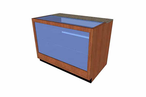 DisplayMax 3D design of a retail display counter featuring a transparent glass front, interior shelving