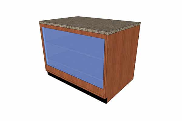 DisplayMax 3D design of a retail display counter featuring a transparent glass front, interior shelving