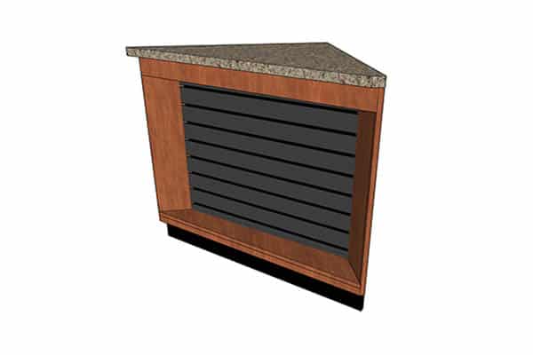 DisplayMax 3D design of a corner retail counter featuring a black slatwall display front and durable laminate countertop