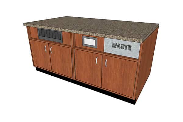 DisplayMax 3D design of a retail waste cabinet featuring a countertop, labeled waste chute, and lower storage cabinet.