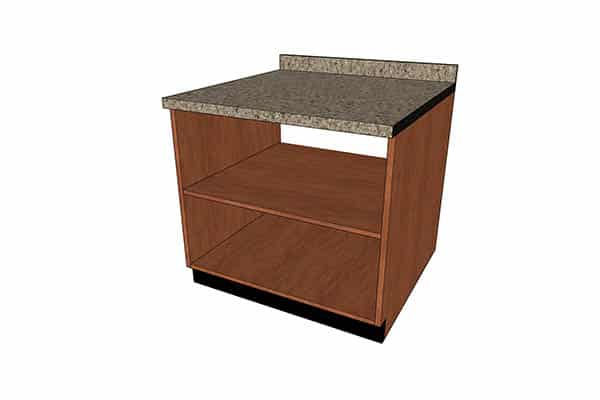 DisplayMax 3D design of a retail counter featuring open shelves for storage.