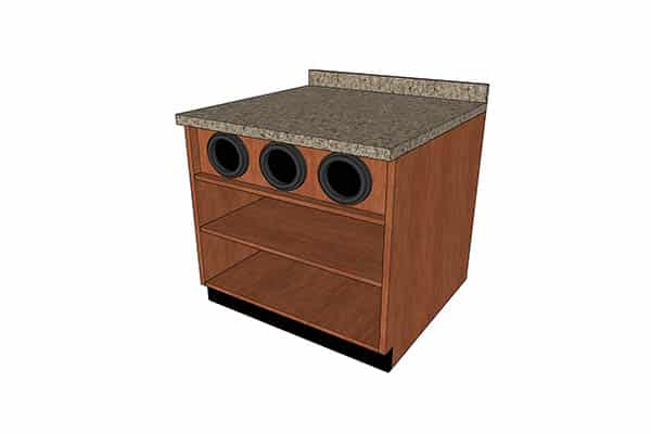 3D rendering of a retail counter with built-in cup holders, open storage shelves, and a stone-textured countertop, designed by DisplayMax.