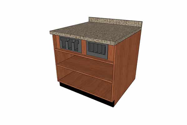 3D rendering of a retail counter with built-in cup and lid dispensers, open storage shelves, and a stone-textured countertop, designed by DisplayMax.