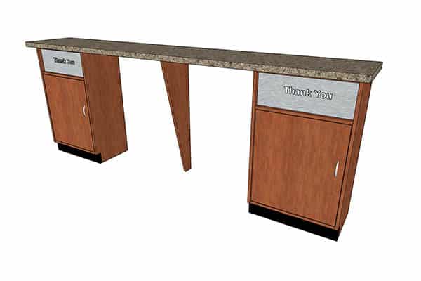 DisplayMax 3D design of a retail “Thank You” counter featuring integrated waste cabinets, support panels, and a granite-style countertop for commercial store use.