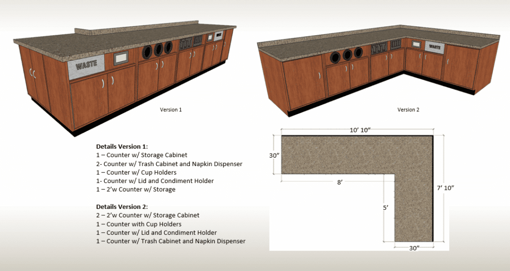 DisplayMax 3D design of an L-shaped retail counter featuring integrated cup holders, condiment stations, trash and napkin dispensers, storage cabinets, and sink