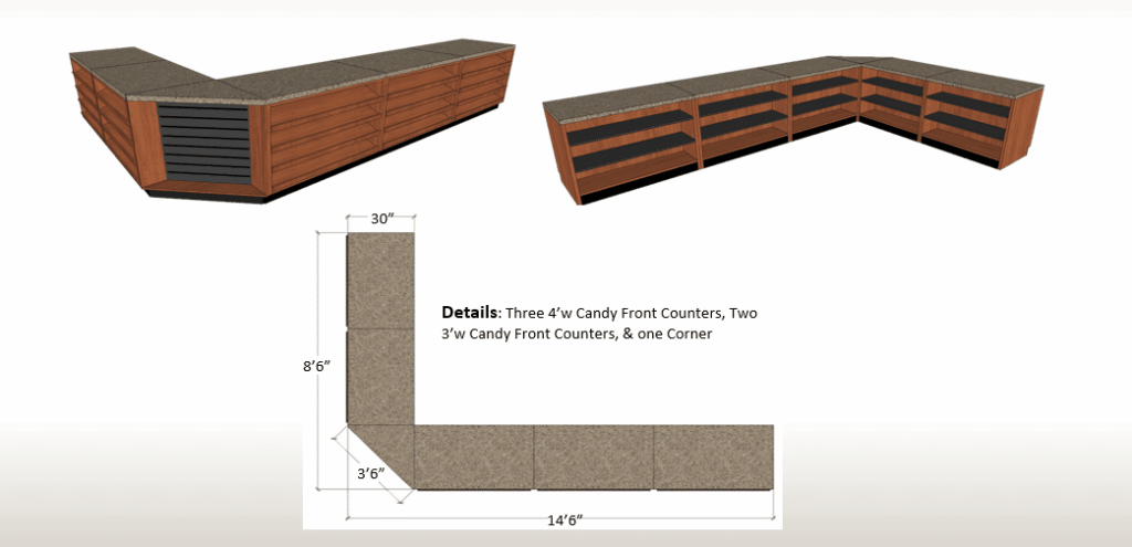 DisplayMax 3D design of an L-shaped retail counter featuring integrated cup holders, condiment stations, trash and napkin dispensers, storage cabinets, and sink.