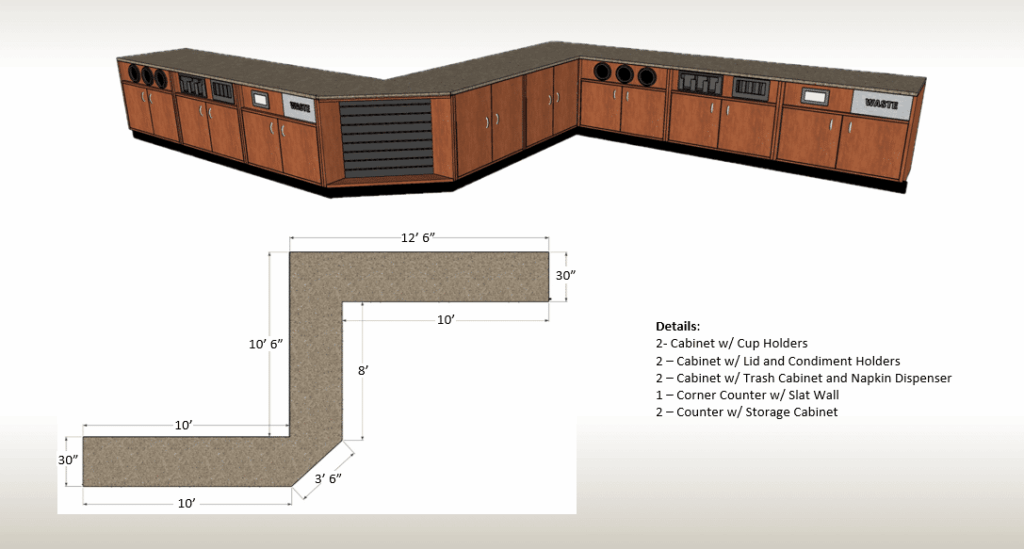 DisplayMax 3D design of an S-shaped retail counter featuring integrated cup holders, condiment stations, trash and napkin dispensers, storage cabinets, and sink