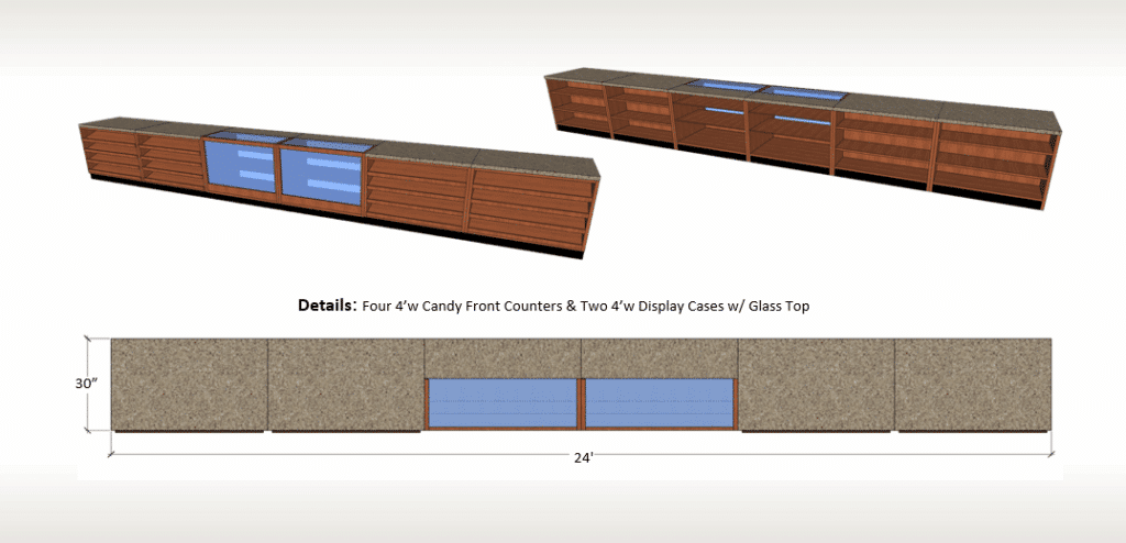 DisplayMax 3D design of a straight retail counter featuring integrated cup holders, condiment stations, trash, napkin dispensers, storage cabinets and glass display