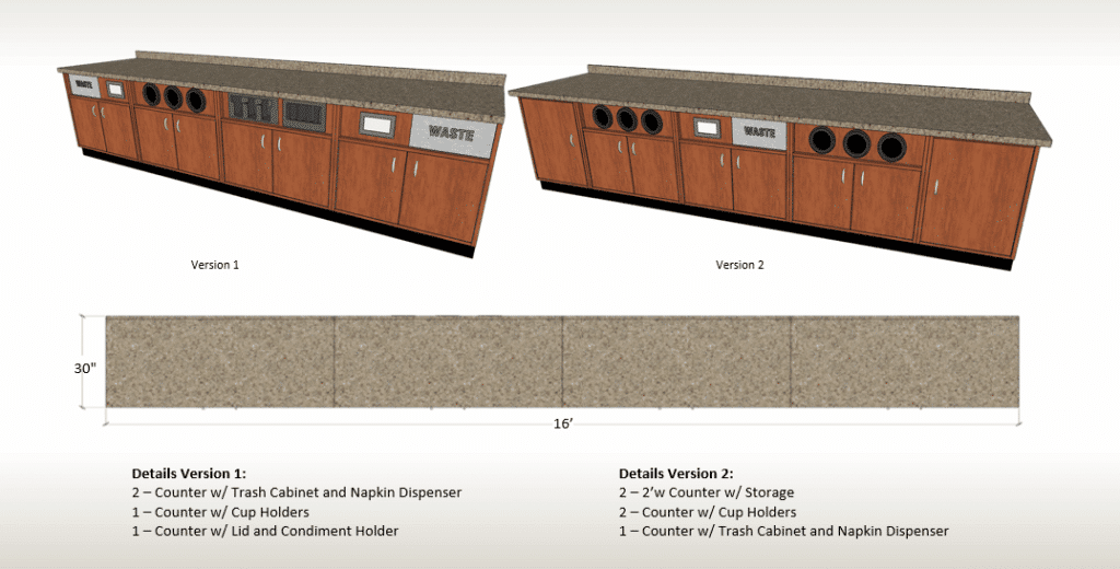 DisplayMax 3D design of straight retail counter featuring integrated cup holders, condiment stations, trash and napkin dispensers, storage cabinets.