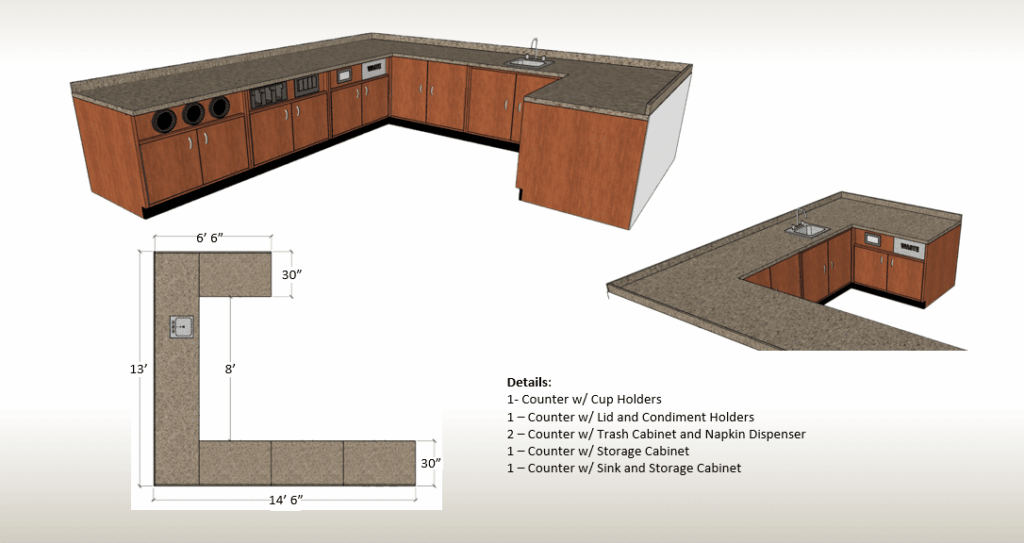 DisplayMax 3D design of an U-shaped retail counter featuring integrated cup holders, condiment stations, trash and napkin dispensers, storage cabinets, and sink