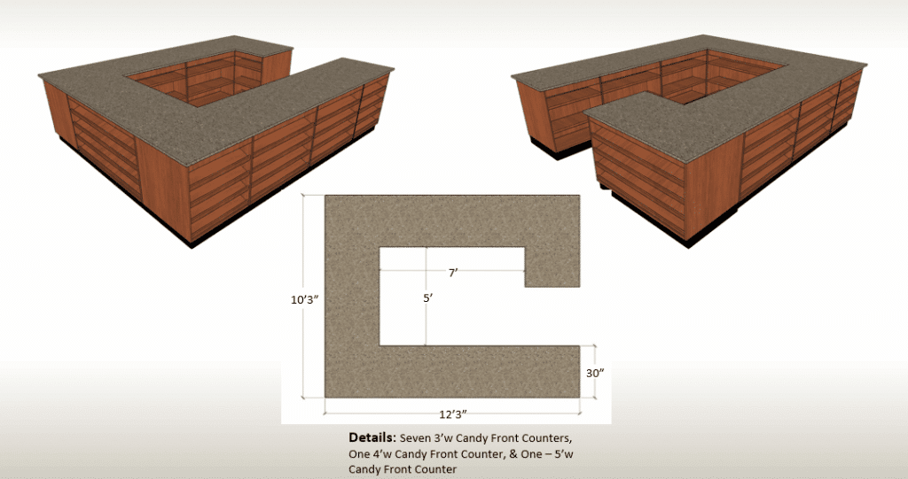 DisplayMax 3D design of an L-shaped retail counter featuring integrated cup holders, condiment stations, trash and napkin dispensers, storage cabinets