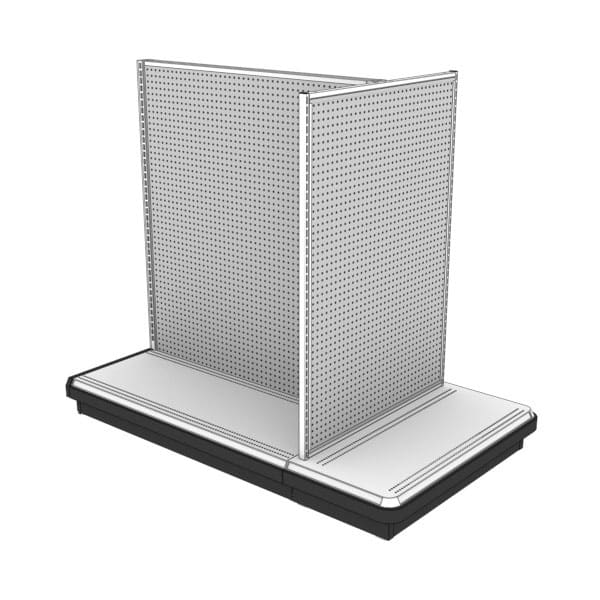 DisplayMax - High-capacity double-sided gondola shelving unit with pegboard backing for vertical merchandising.