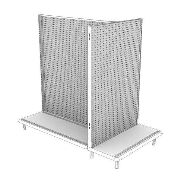 DisplayMax - High-capacity double-sided gondola shelving unit with pegboard backing for vertical merchandising.