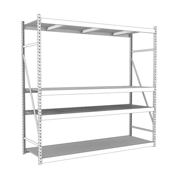 DisplayMax- Technical drawing of a heavy-duty industrial retail storage rack with wire mesh decking for high-density inventory.