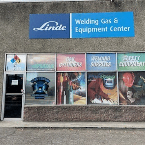 Linde Welding Gas & Equipment Center display with custom category graphic panels