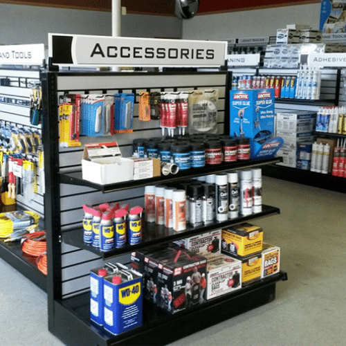 Retail endcap with custom Accessories category sign and merchandised products